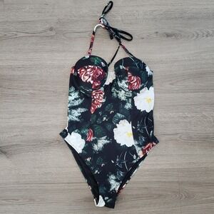 Rachel Rachel Roy Dark Floral Underwire Halter One Piece‎ Swimsuit Black Small